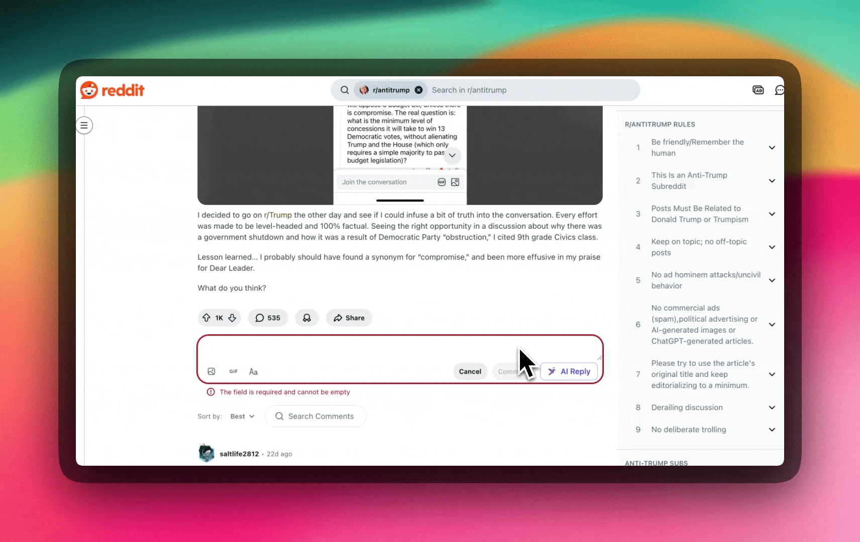 Animated demo of Pilot for Reddit translating and refining a reply